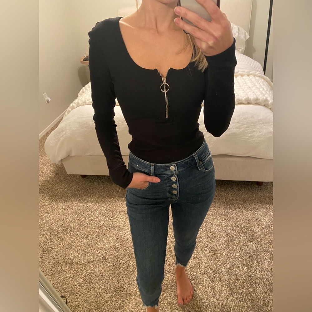 Black long sleeve bodysuit with zipper detail